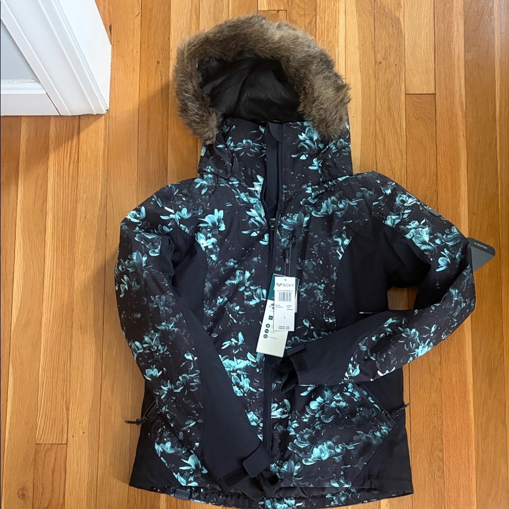 Roxy NWT Jet Ski Premium Floral Black and Teal with fur hood jacket